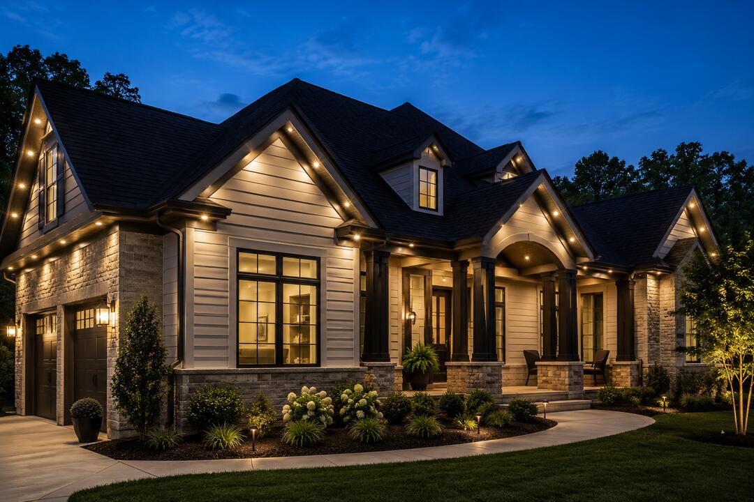 After: Same home at night with Celebright permanent lighting illuminated