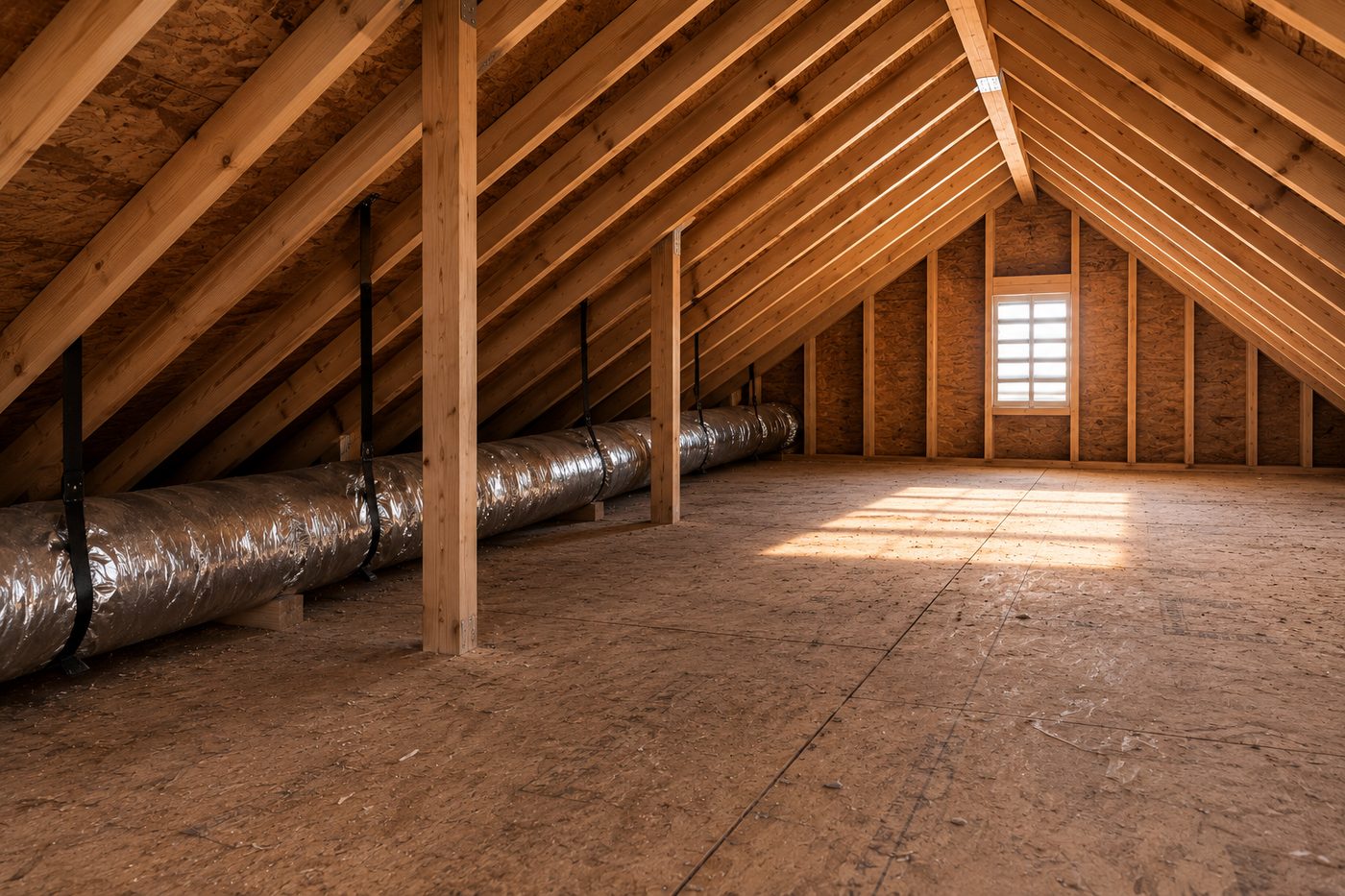 Bare, under-insulated attic floor before insulation