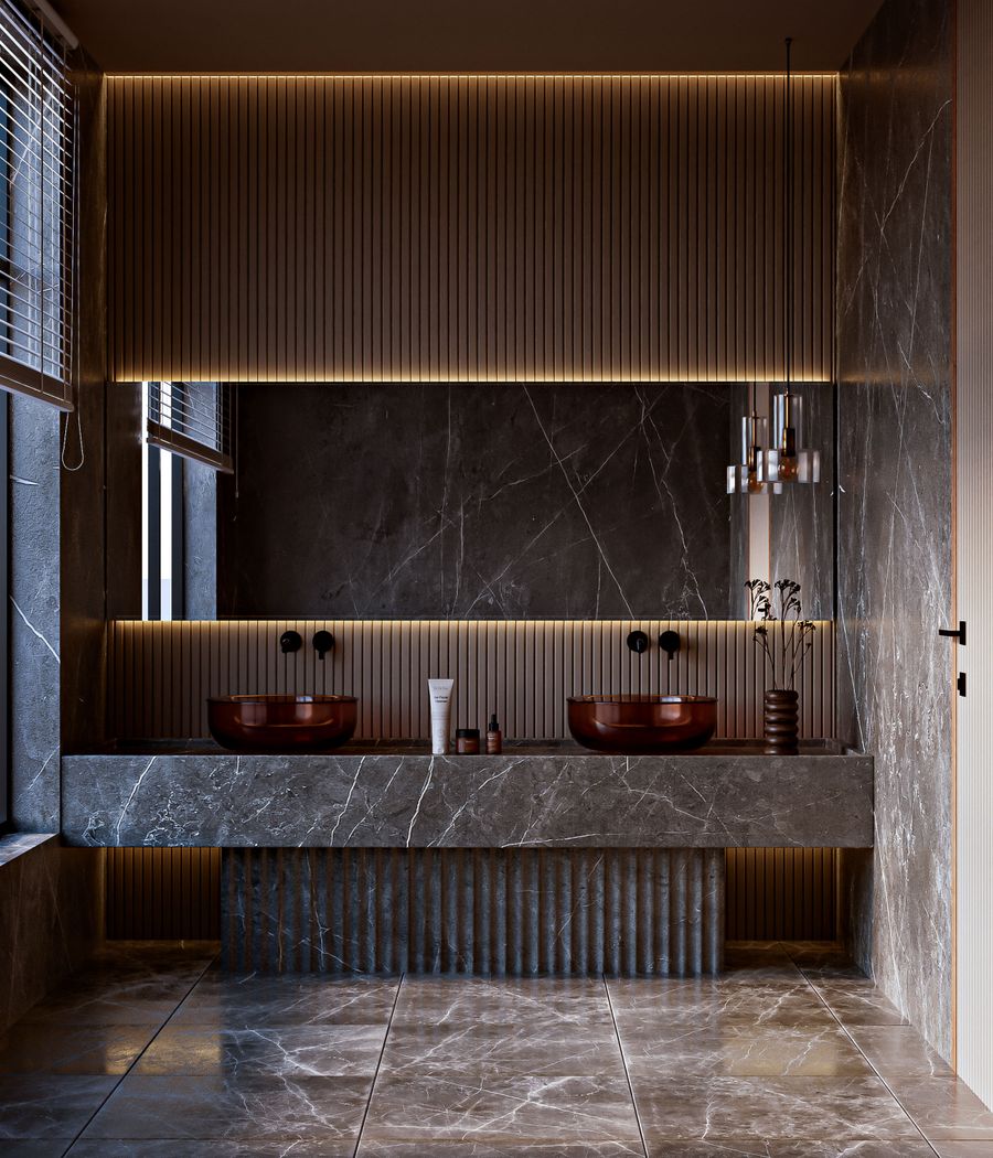 Elegant bathroom with marble-look finishes