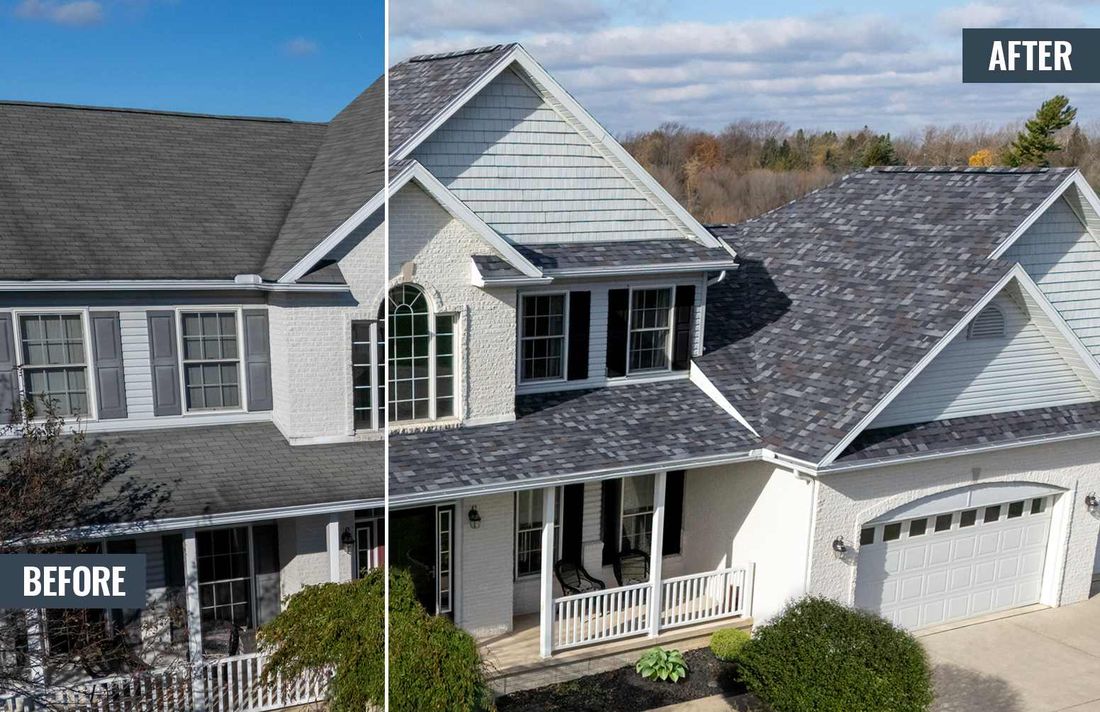 Before and after of an Owens Corning architectural shingle roof replacement by Madison Sky Construction