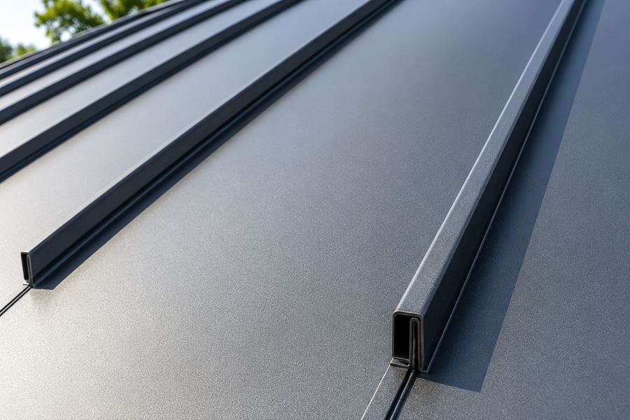 Close-up of a charcoal standing seam metal roof built for North Carolina weather