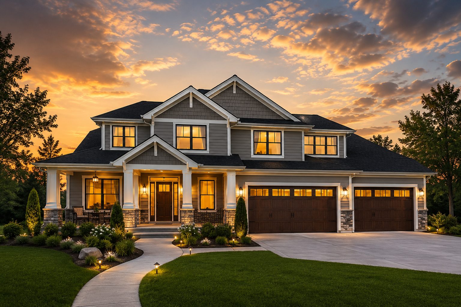 Craftsman North Carolina home with a new architectural asphalt shingle roof at sunset