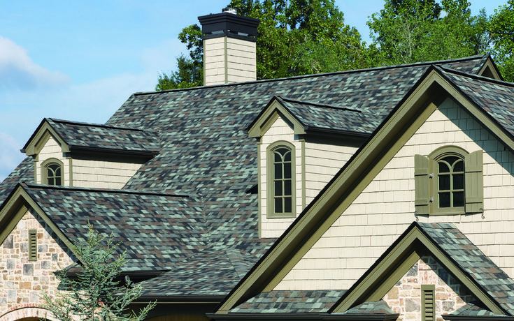Designer slate-look luxury asphalt shingles on a residential roof