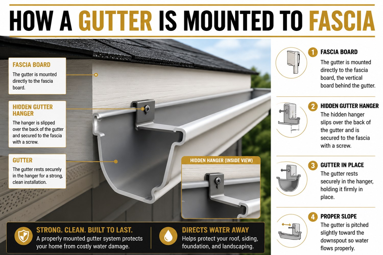 Diagram showing how a gutter mounts to the fascia board