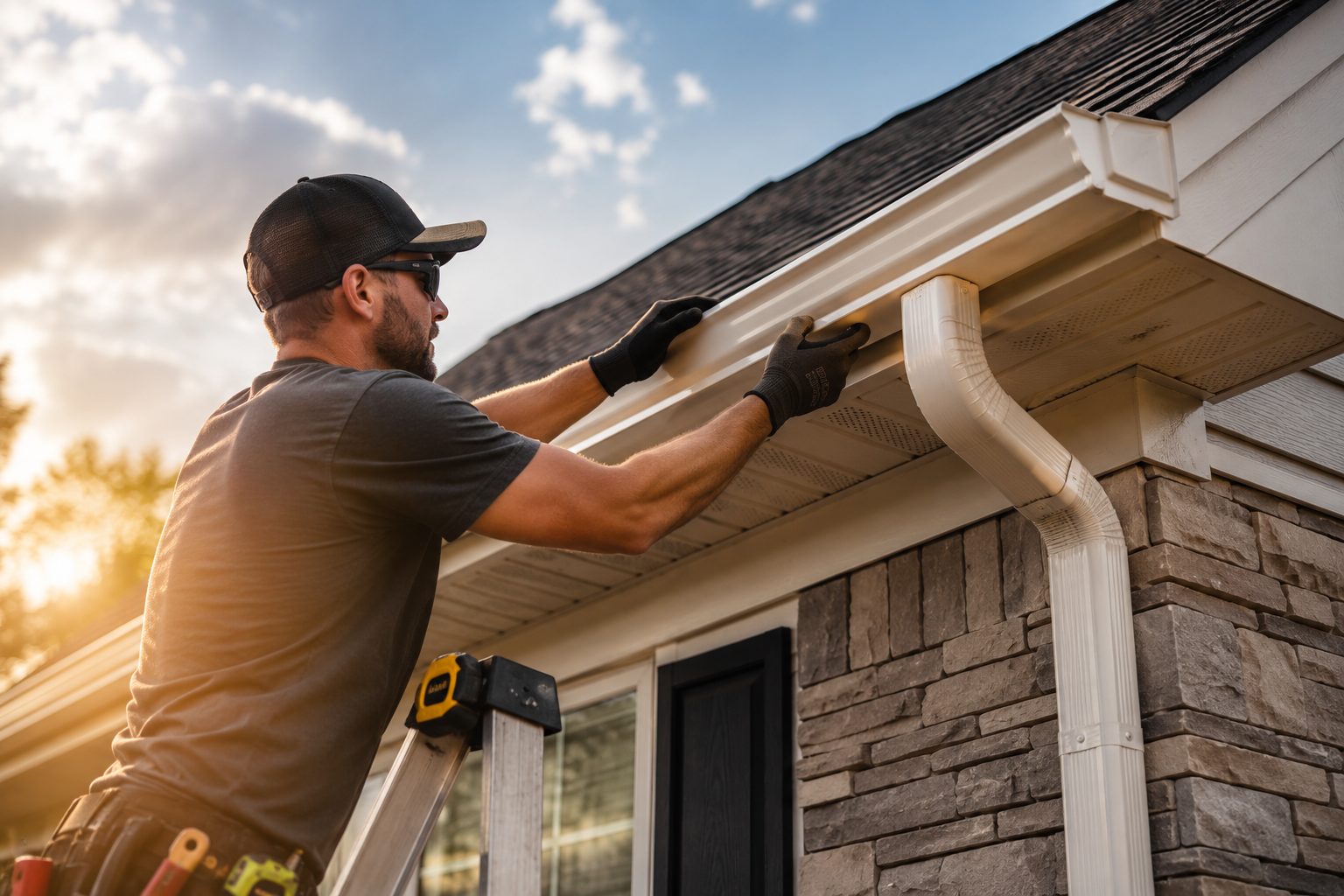 Installer mounting a new seamless aluminum gutter on a North Carolina home
