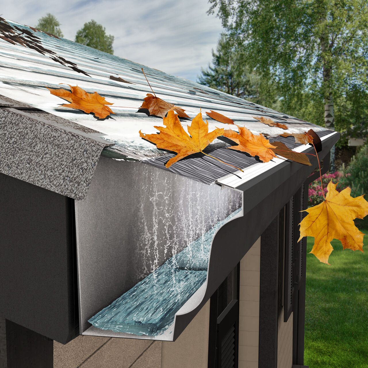 LeafBlaster Pro micro-mesh gutter guard shedding leaves while water flows through