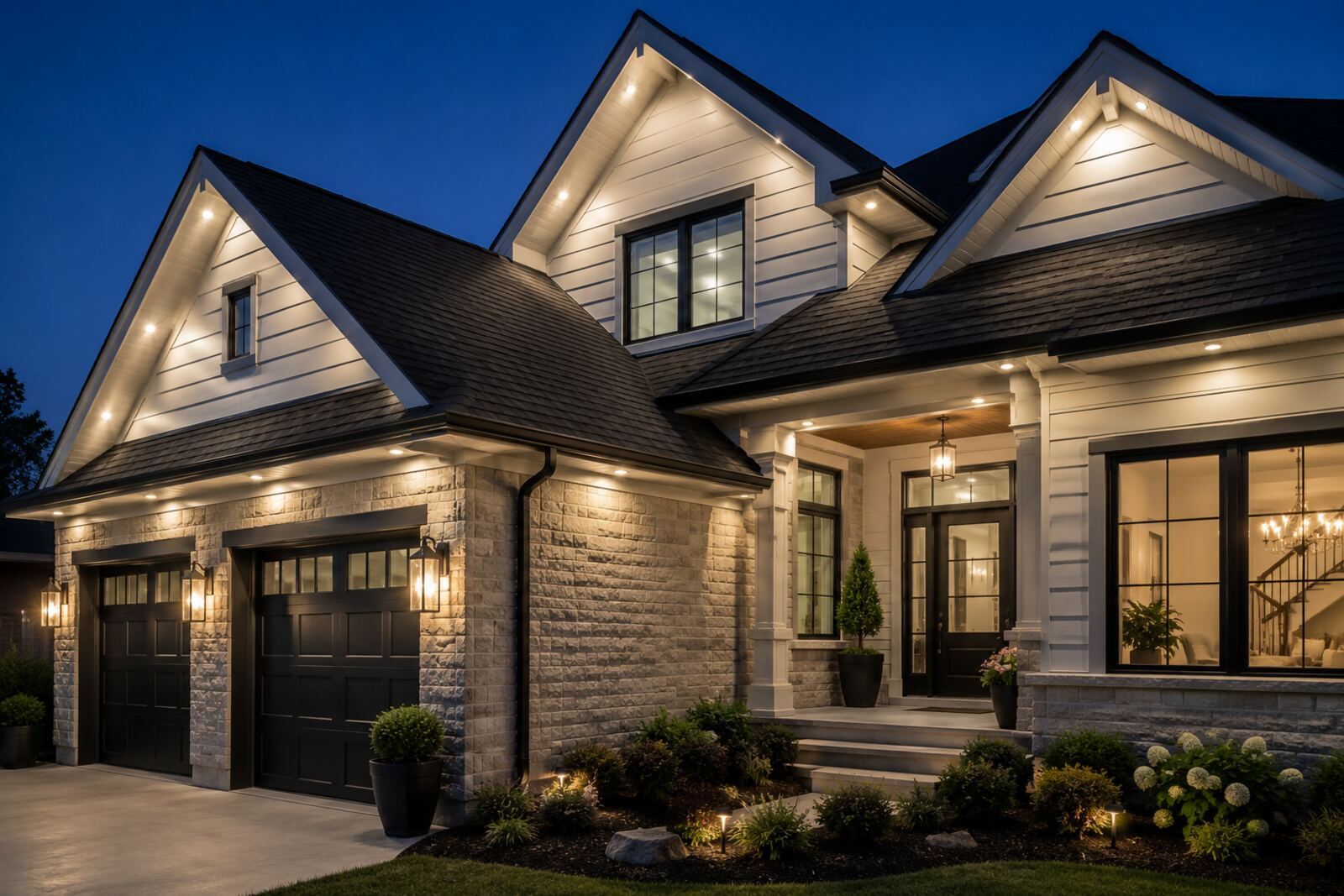 Luxury North Carolina home illuminated by Celebright permanent architectural lighting at twilight — warm soffit lights, glowing windows, and pathway illumination