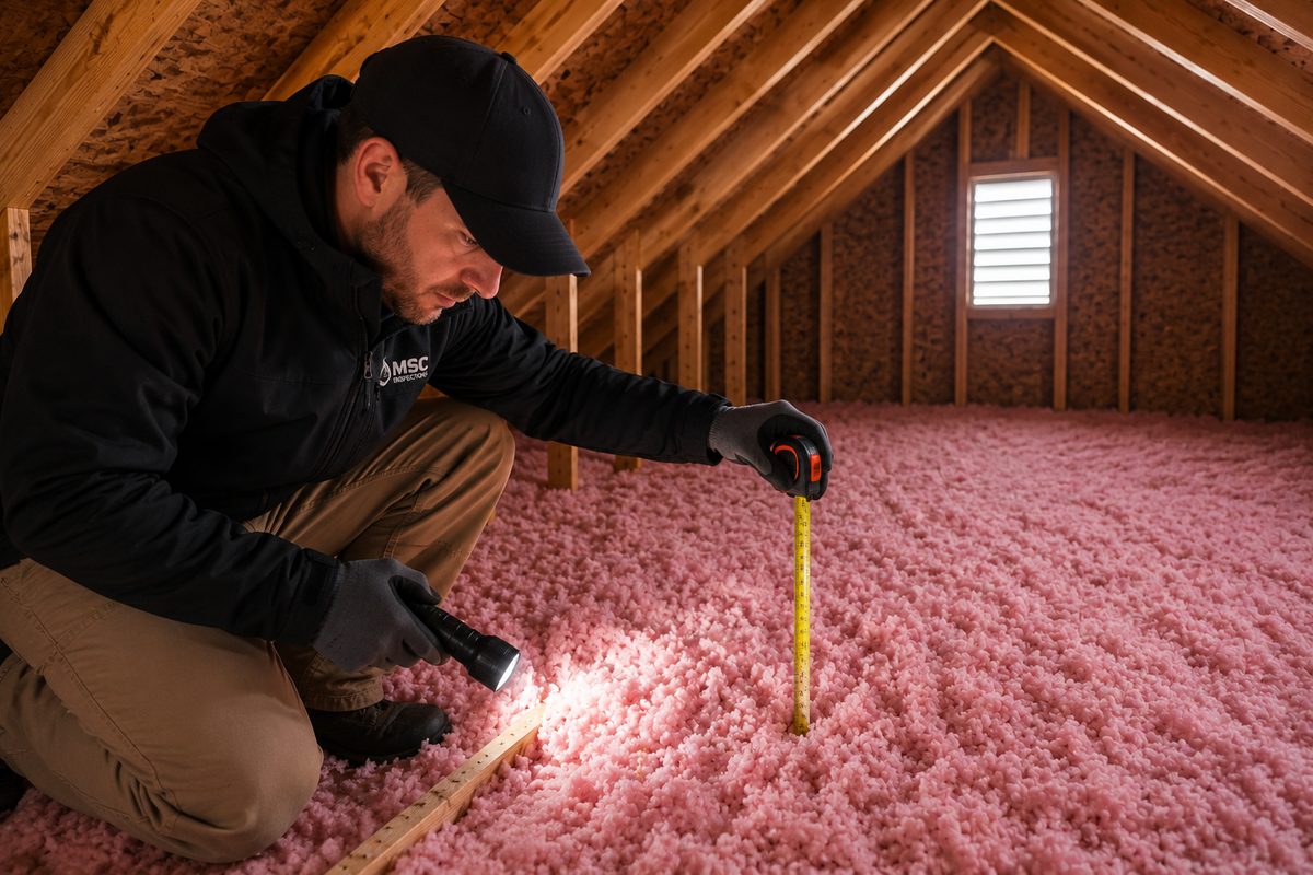 Madison Sky technician measuring attic insulation depth with a tape
