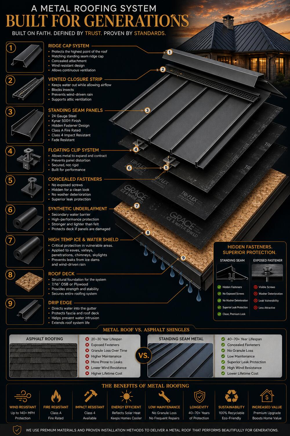 Madison Sky Construction metal roofing system anatomy infographic showing nine layers: ridge cap, vented closure strip, standing seam panels, floating clip system, concealed fasteners, synthetic underlayment, high-temp ice and water shield, roof deck, and drip edge. Includes standing seam vs exposed fastener comparison and metal vs asphalt benefits.