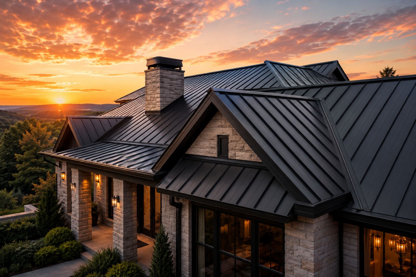 Premium black standing seam metal roof on luxury stone home at sunset in North Carolina