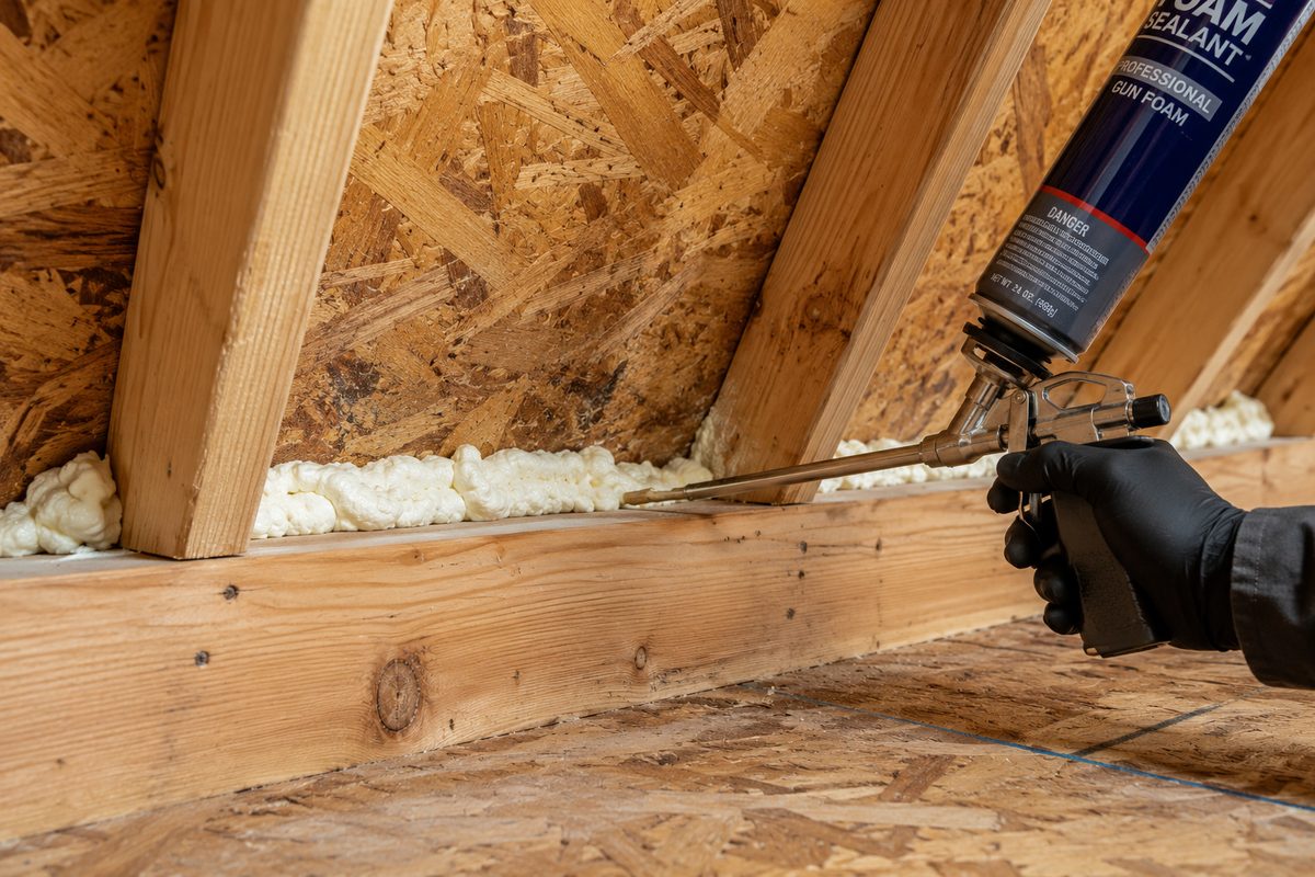 Sealing attic air gaps with expanding foam at the top plate