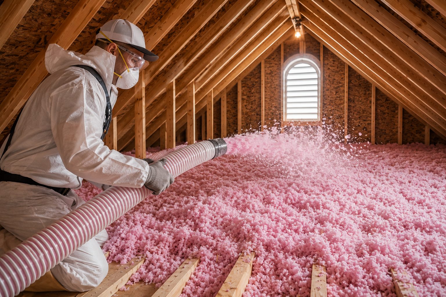 Technician blowing Owens Corning insulation across a North Carolina attic floor